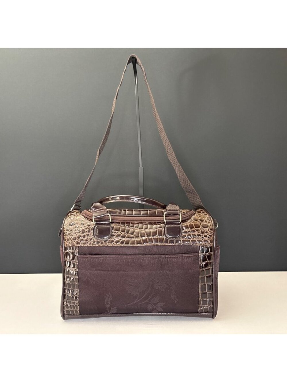 Faux Crocodile Travel Bag  Duffel Dual Handbag With Cosmetic Case Brown Floral - Picture 11 of 16
